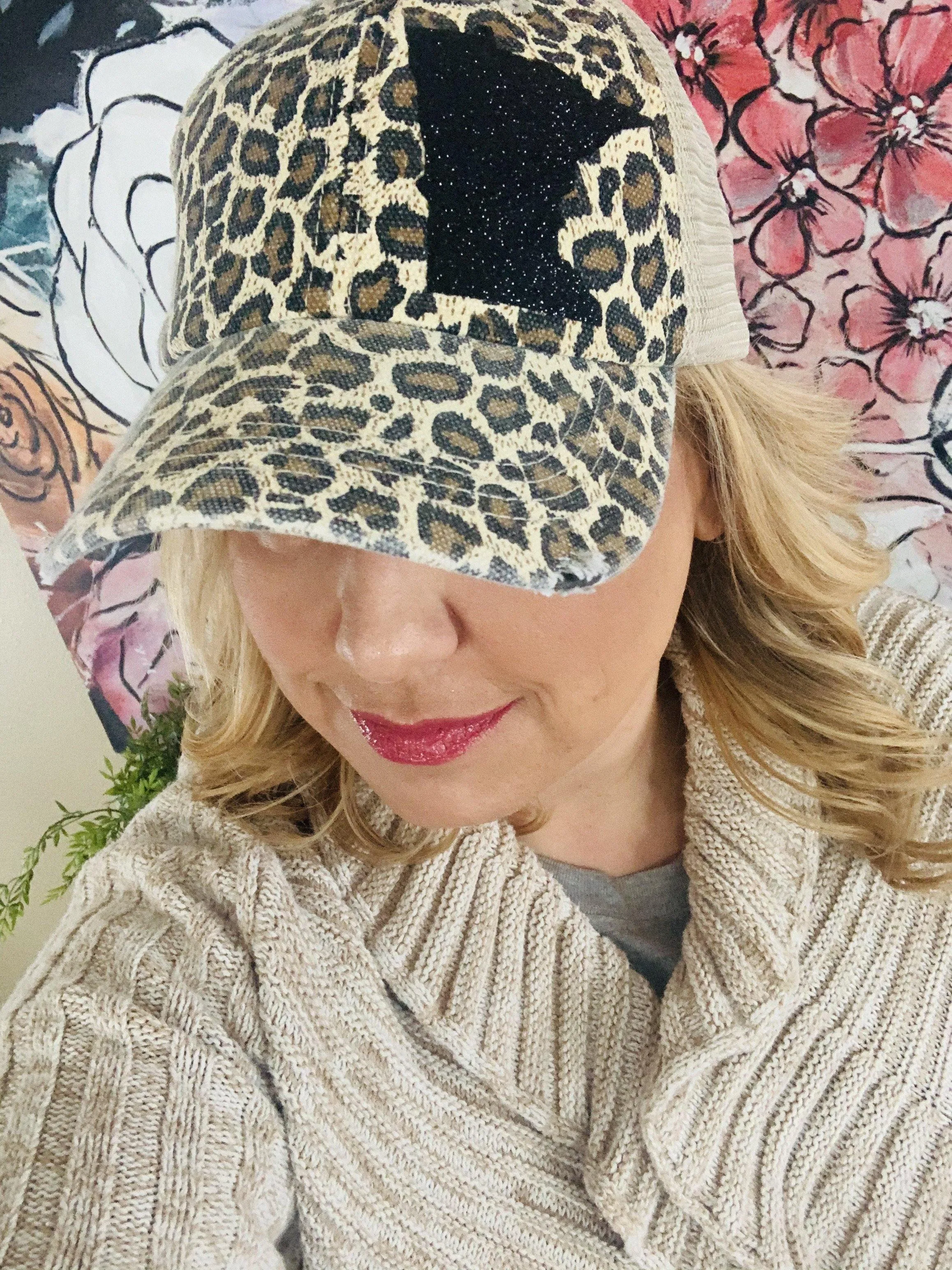 Leopard print state hats Minnesota or any state Baseball trucker cap animal print White metallic foil animal print Distressed brown vintage caps