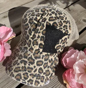 Leopard print state hats Minnesota or any state Baseball trucker cap animal print White metallic foil animal print Distressed brown vintage caps