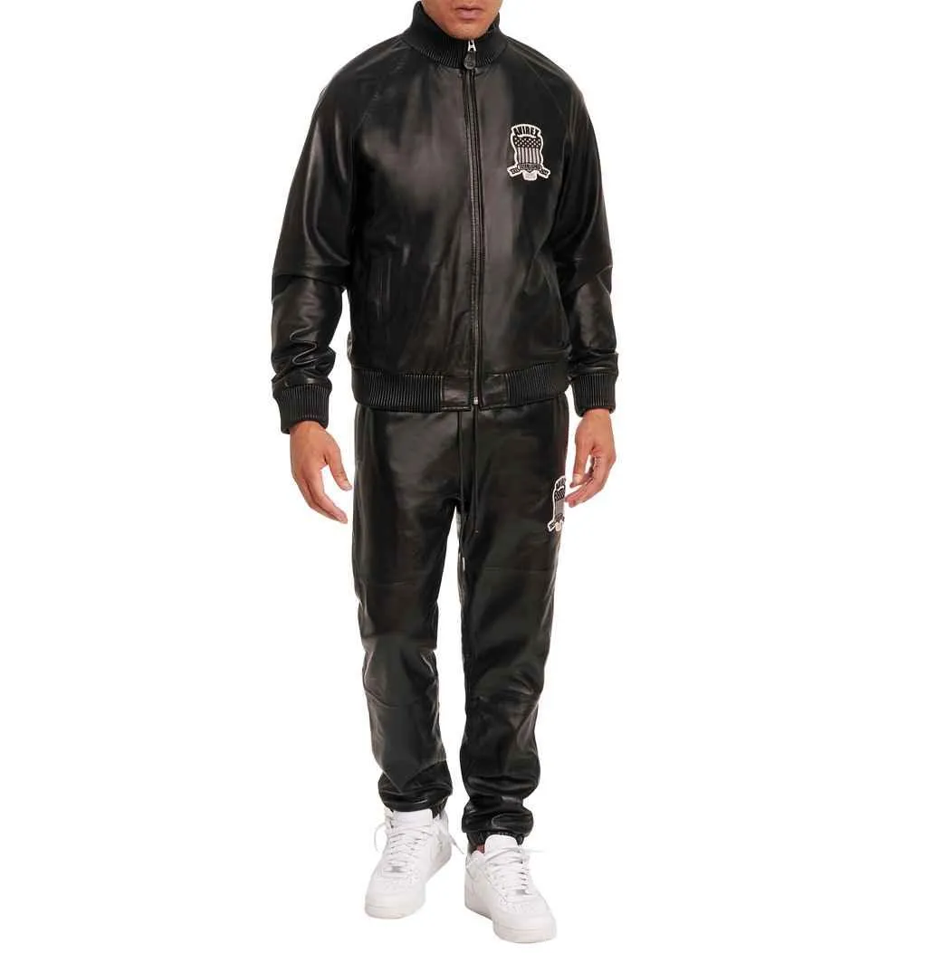 Mens Avirex Black Leather Track Pant