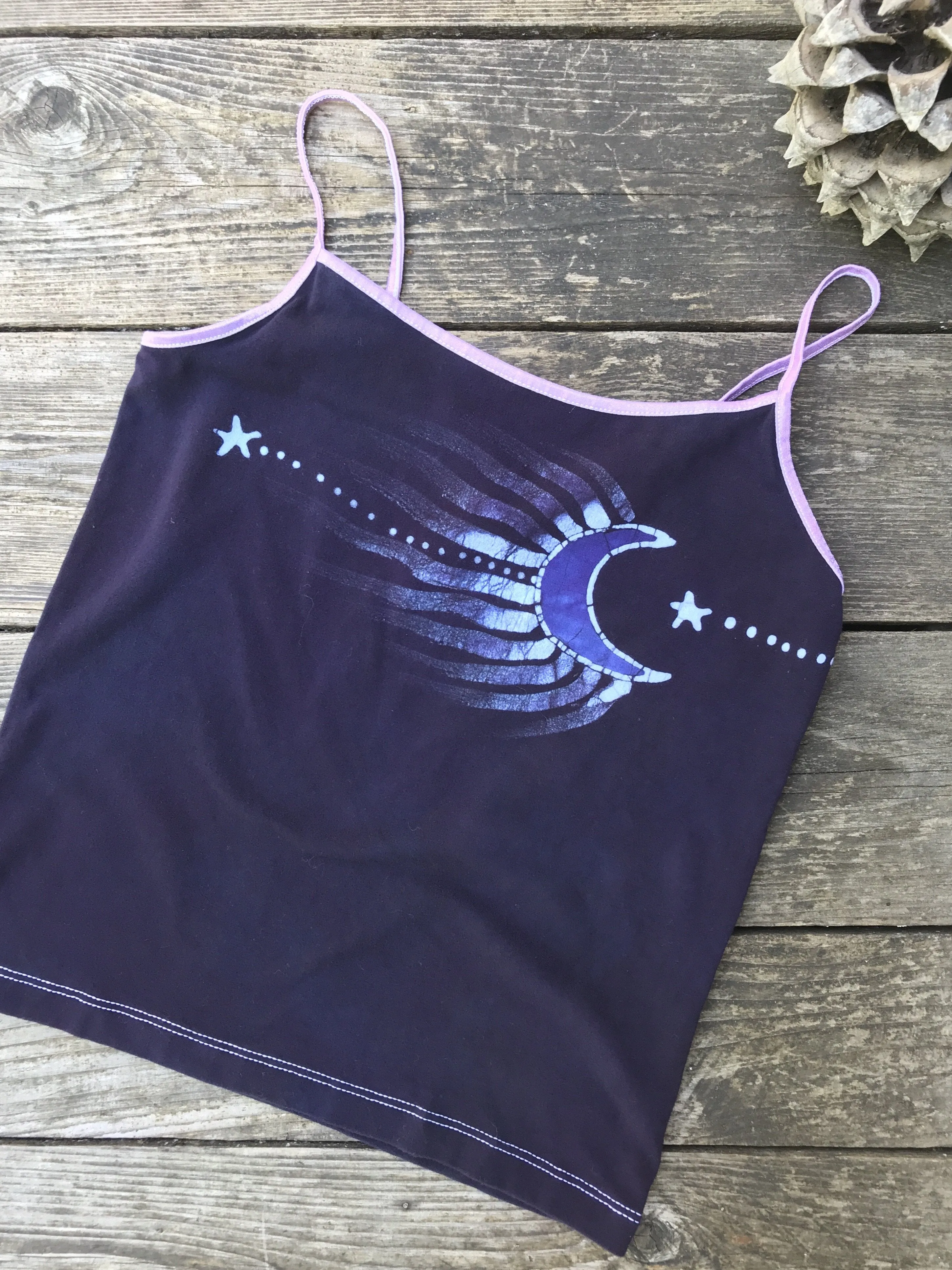 Midnight Moon Across The Sky Green Batik Stretchy Handmade Yoga Camisole - Size M ONLY