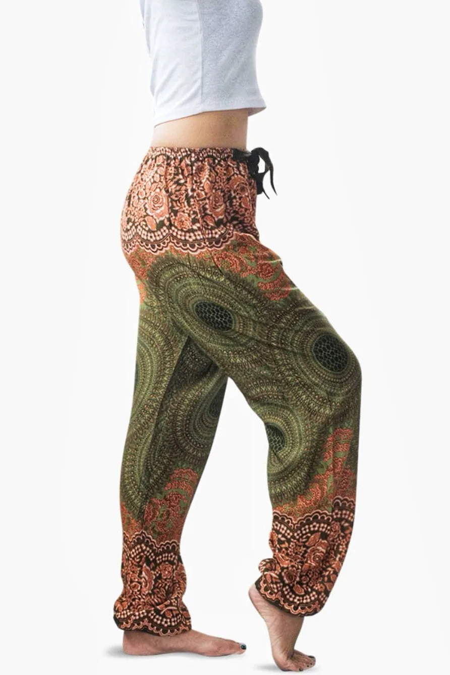 Olive Green Mandala Print Harem Yoga Pants