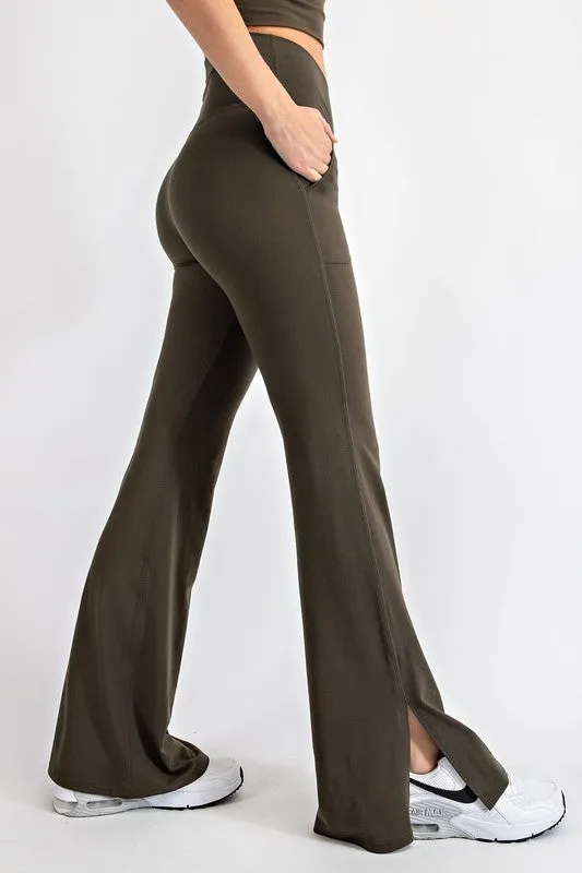 Olive V Waist Flared Yoga Pants With Pockets