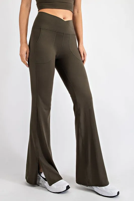 Olive V Waist Flared Yoga Pants With Pockets