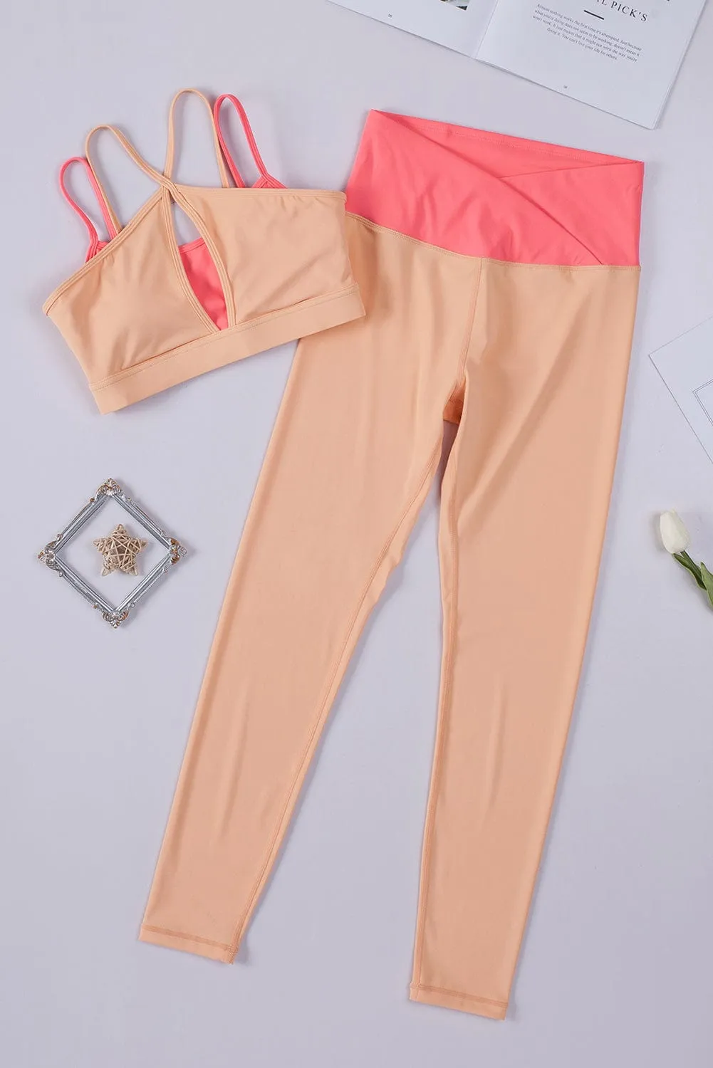 Orange Two-Tone Colorblock Bra Leggings Active Wear Set