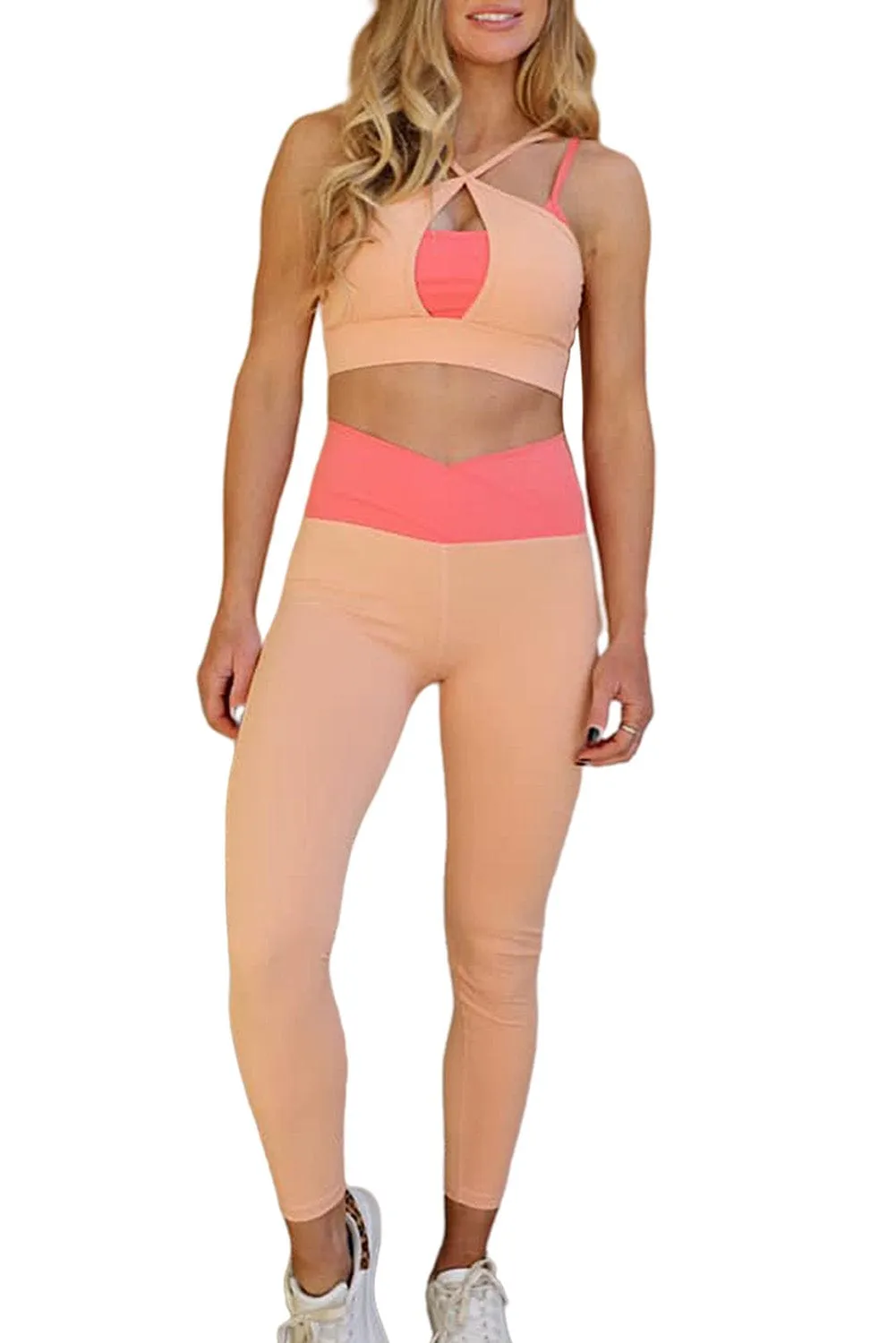 Orange Two-Tone Colorblock Bra Leggings Active Wear Set