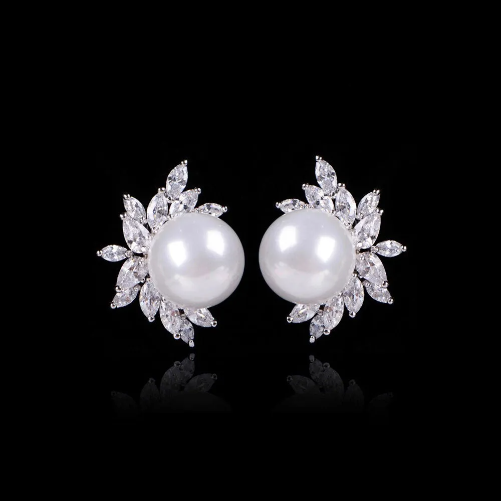 Pearl Cubic Zirconia Studs Bridal Earrings, Classic and Match Everyone