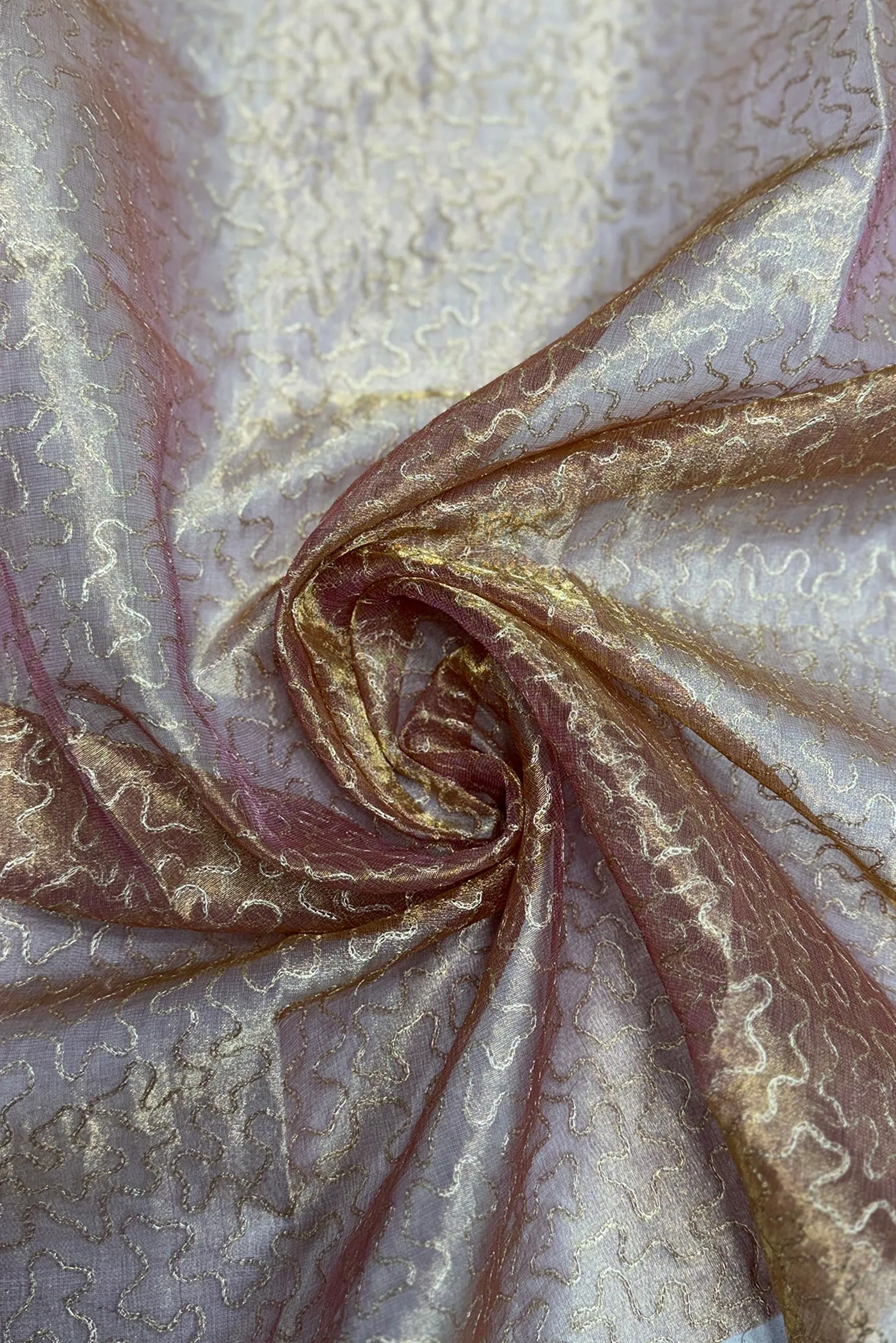 Pink Gold Organza With Gold Thread Tissue Metallic Embroidery