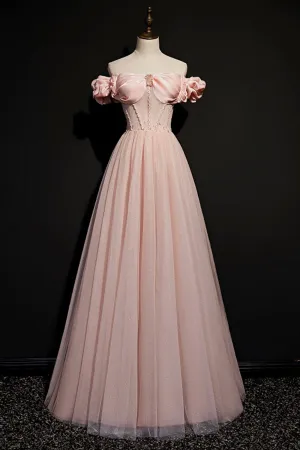 Pink Tulle Off the Shoulder Prom Dress Beautiful A-Line Evening Dress