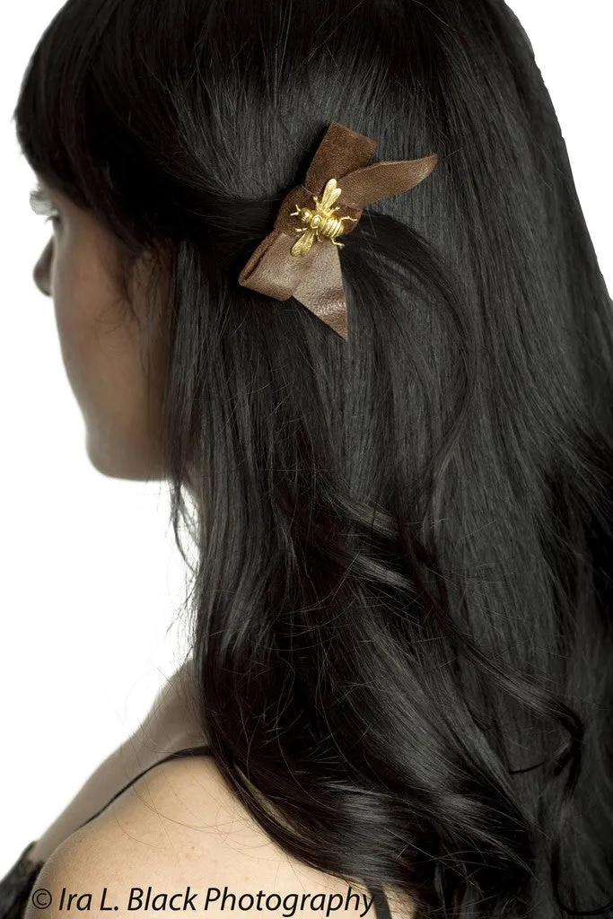 Queen Bee Leather Bow Hair Clip- Hair Accessory