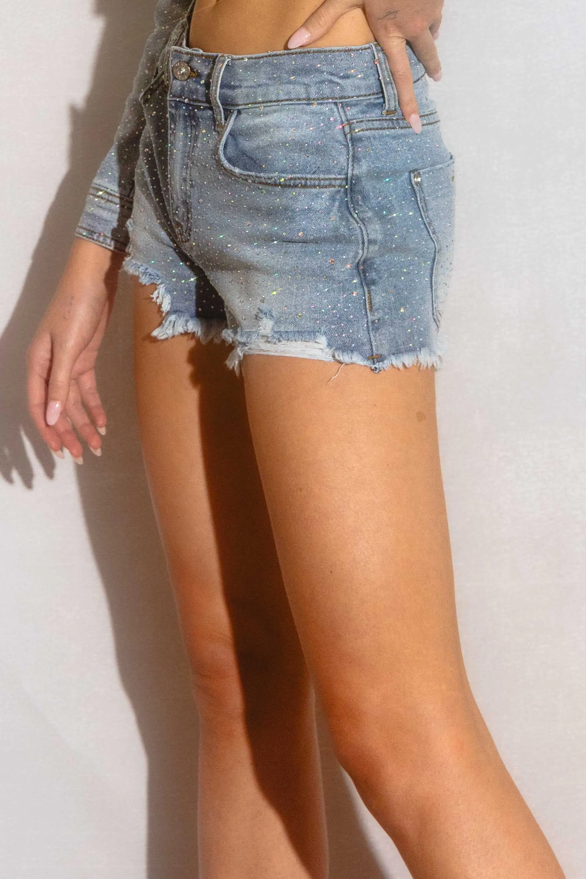 Rhinestone Studded Mid Rise Denim Shorts