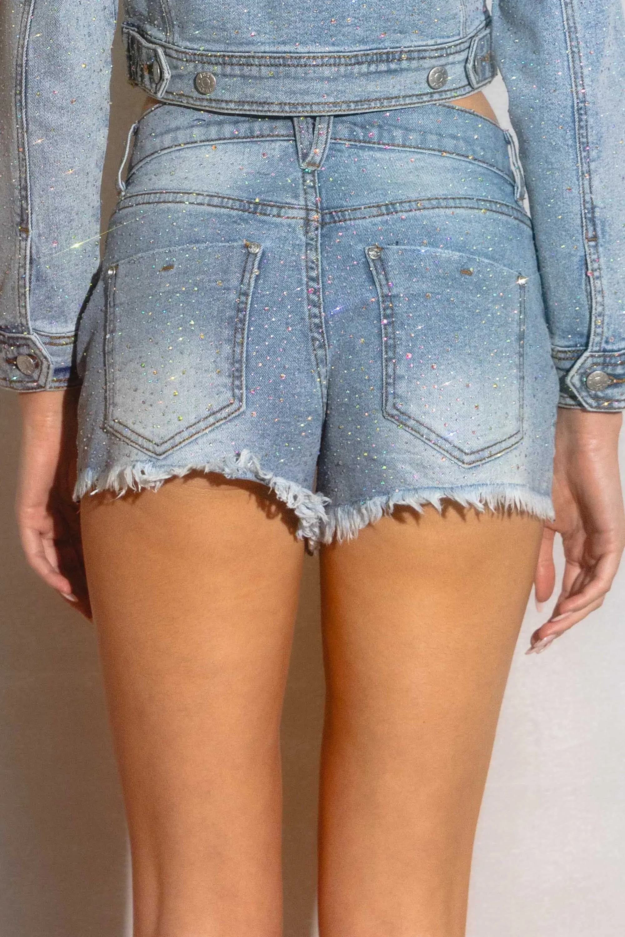 Rhinestone Studded Mid Rise Denim Shorts