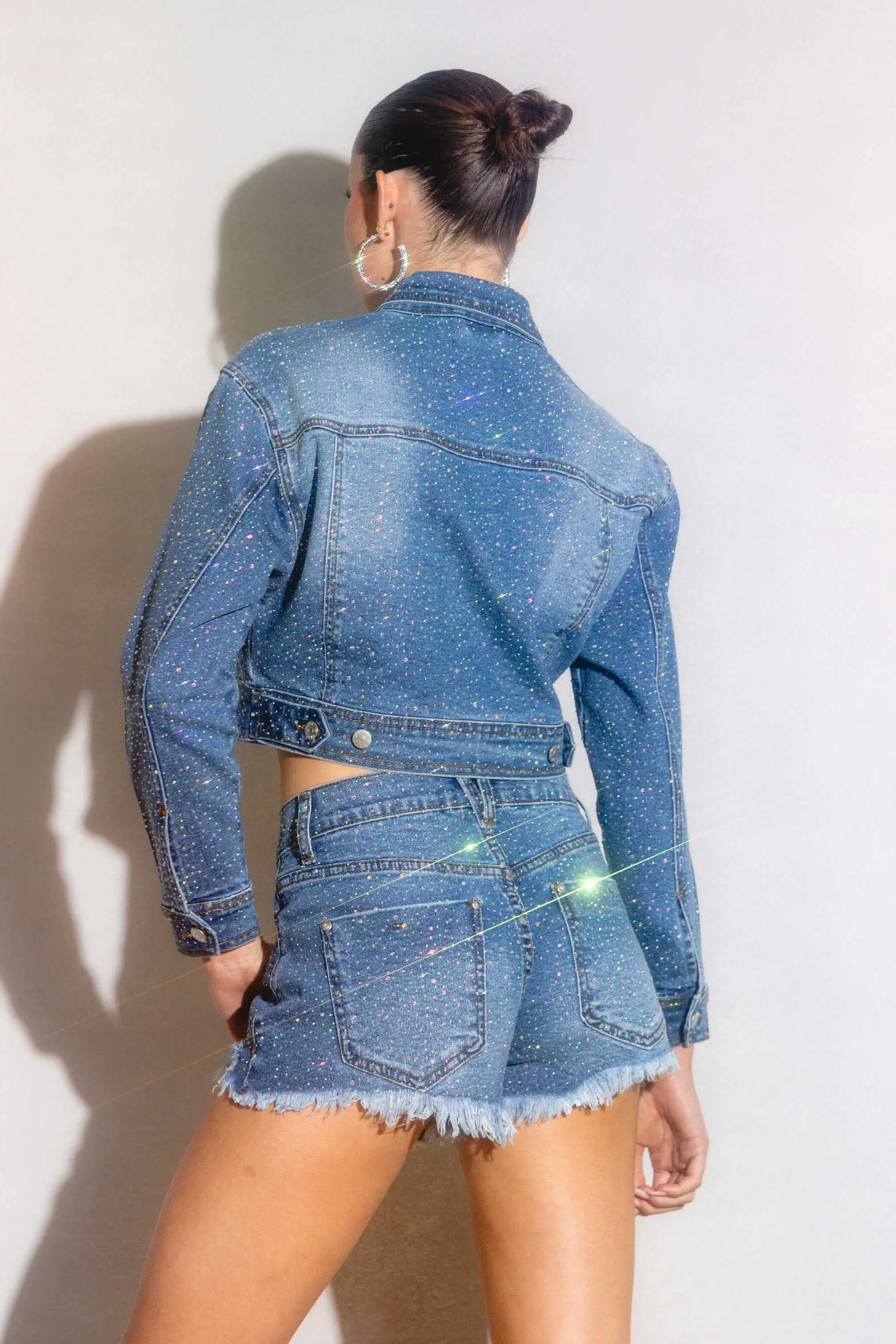 Rhinestone Studded Mid Rise Denim Shorts