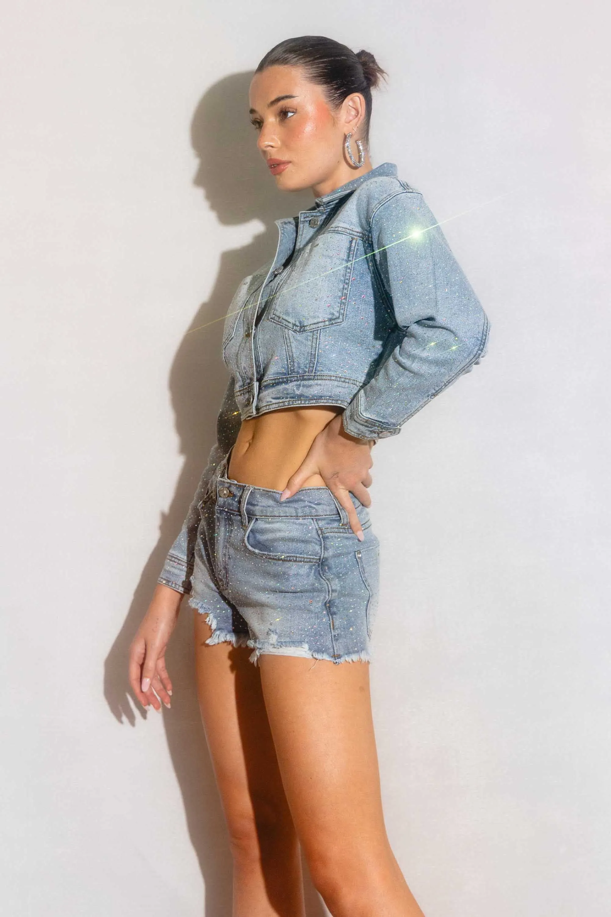 Rhinestone Studded Mid Rise Denim Shorts