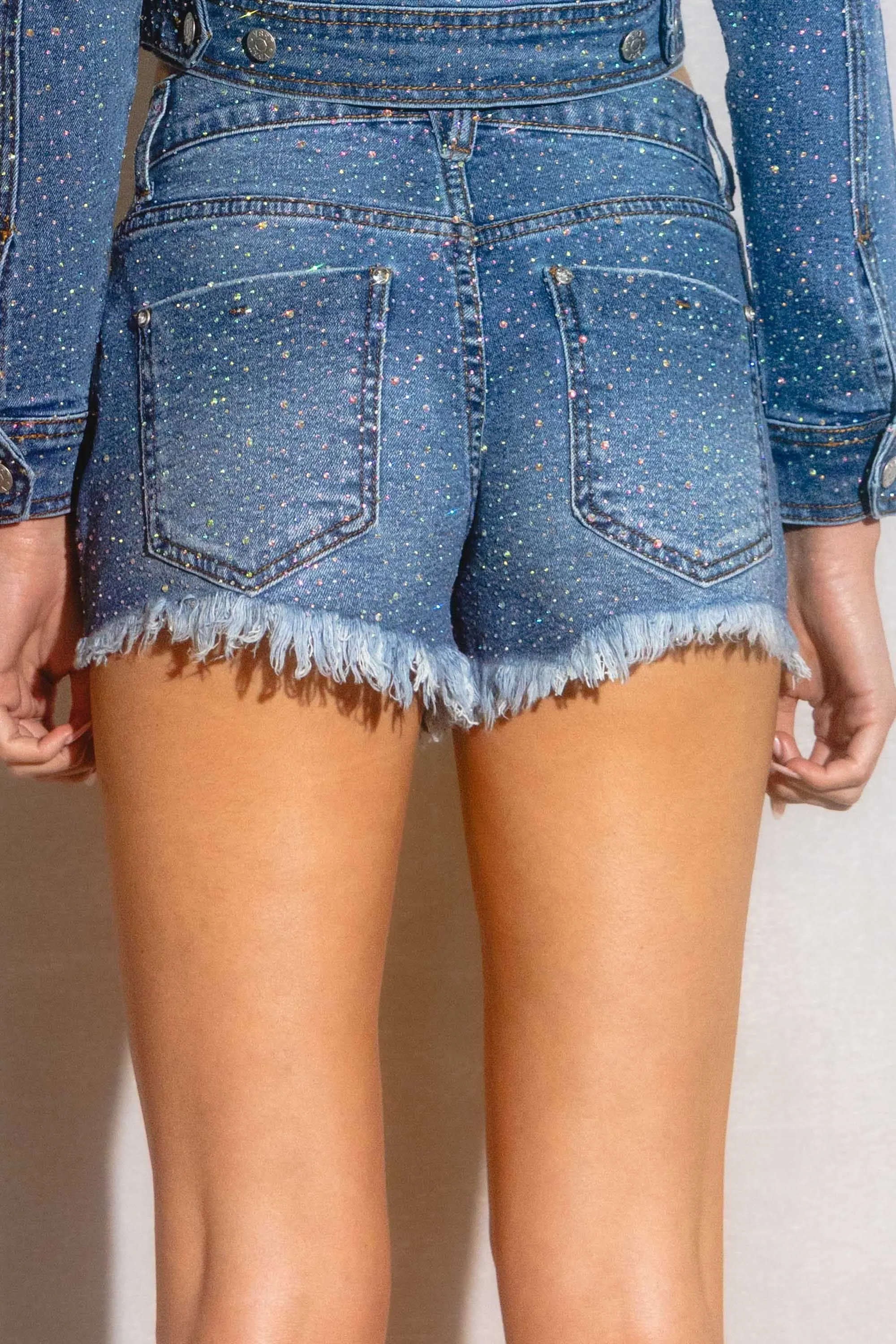 Rhinestone Studded Mid Rise Denim Shorts