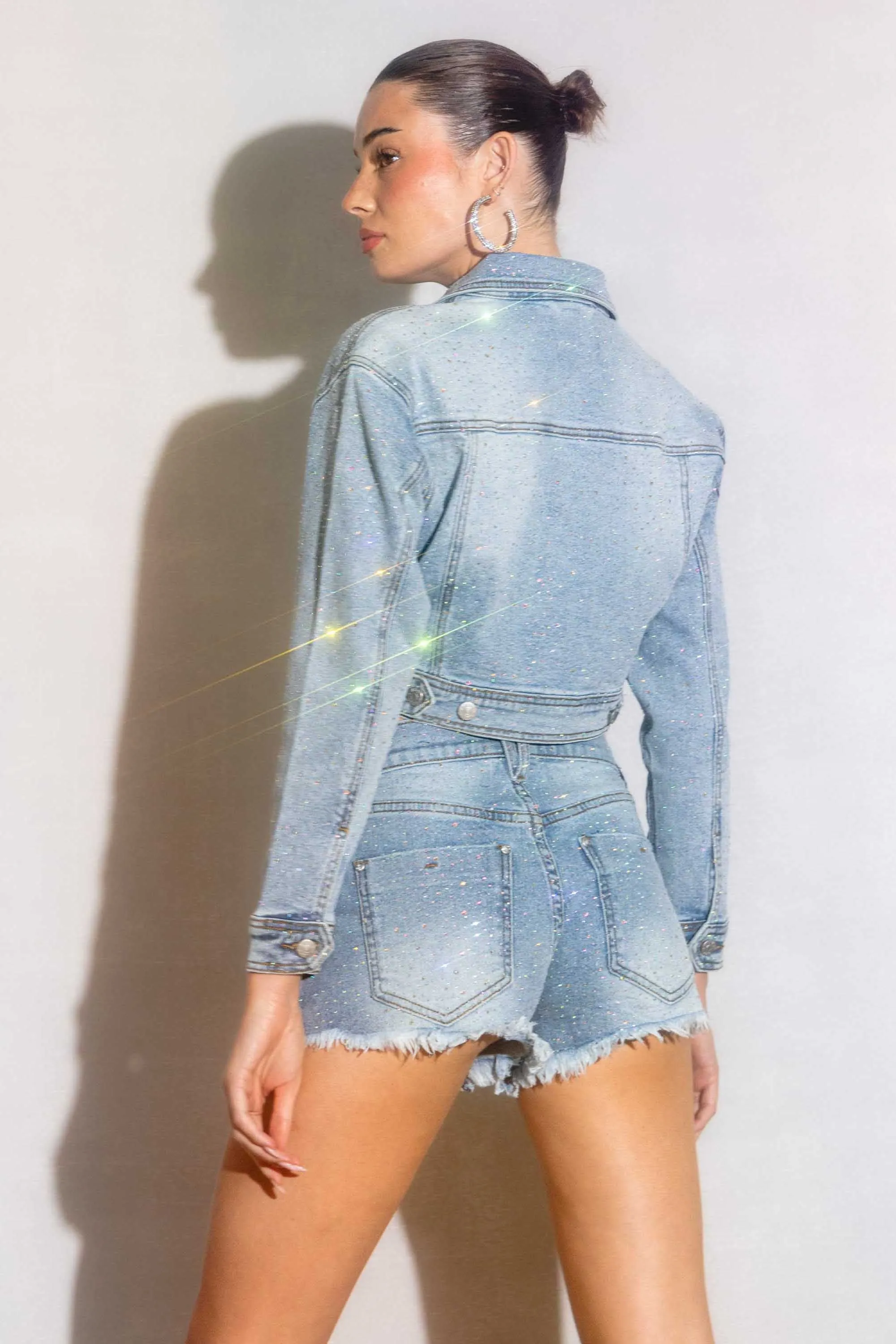 Rhinestone Studded Mid Rise Denim Shorts