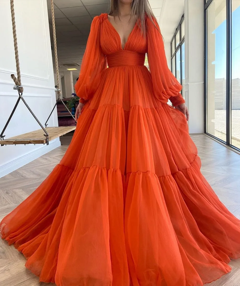 Sevintage Long Puff Sleeves Prom Dresses V-Neck Pleats Chiffon Princess Evening Gowns Women Party Dress Plus Size 2022