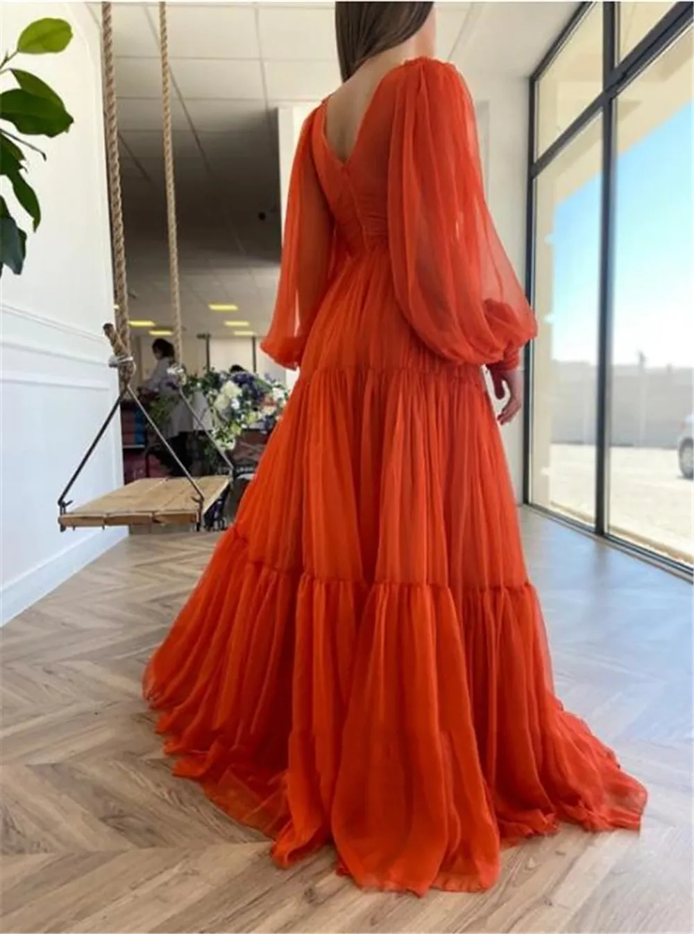 Sevintage Long Puff Sleeves Prom Dresses V-Neck Pleats Chiffon Princess Evening Gowns Women Party Dress Plus Size 2022