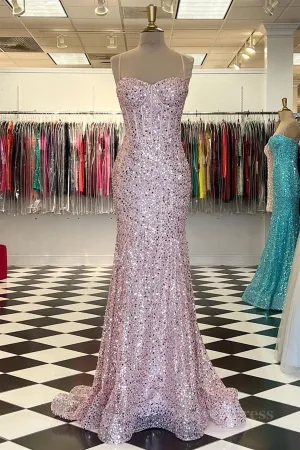 Shiny Sequins Mermaid Pink Long Prom Dress Sweetheart Neck Pink Formal Dress Mermaid Pink Evening Dress