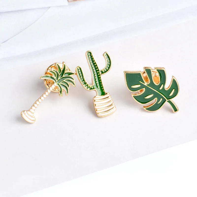 Simple Cartoon Green Plant Coconut Tree Mexican Cactus Leaf Metal Brooch Pins DIY Button Pin Denim Jacket Pin Badge Gift Jewelry