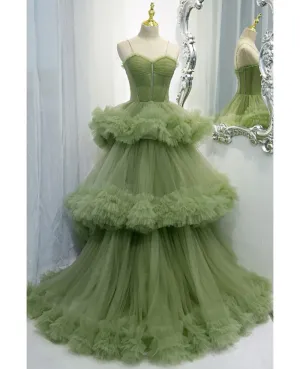 Stunning Green Tiered Pleated Tulle Formal Prom Dress With Straps