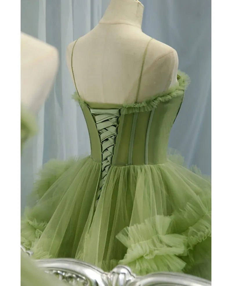 Stunning Green Tiered Pleated Tulle Formal Prom Dress With Straps