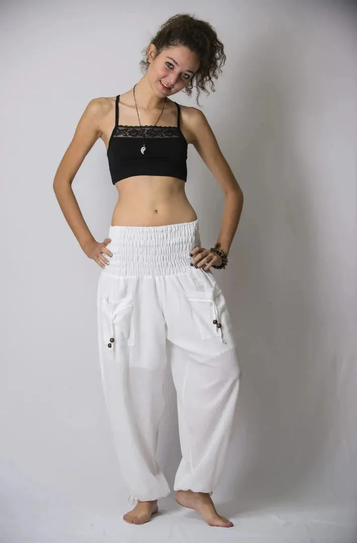 Thai Smocked Waist Cotton Pants in White, Thailand