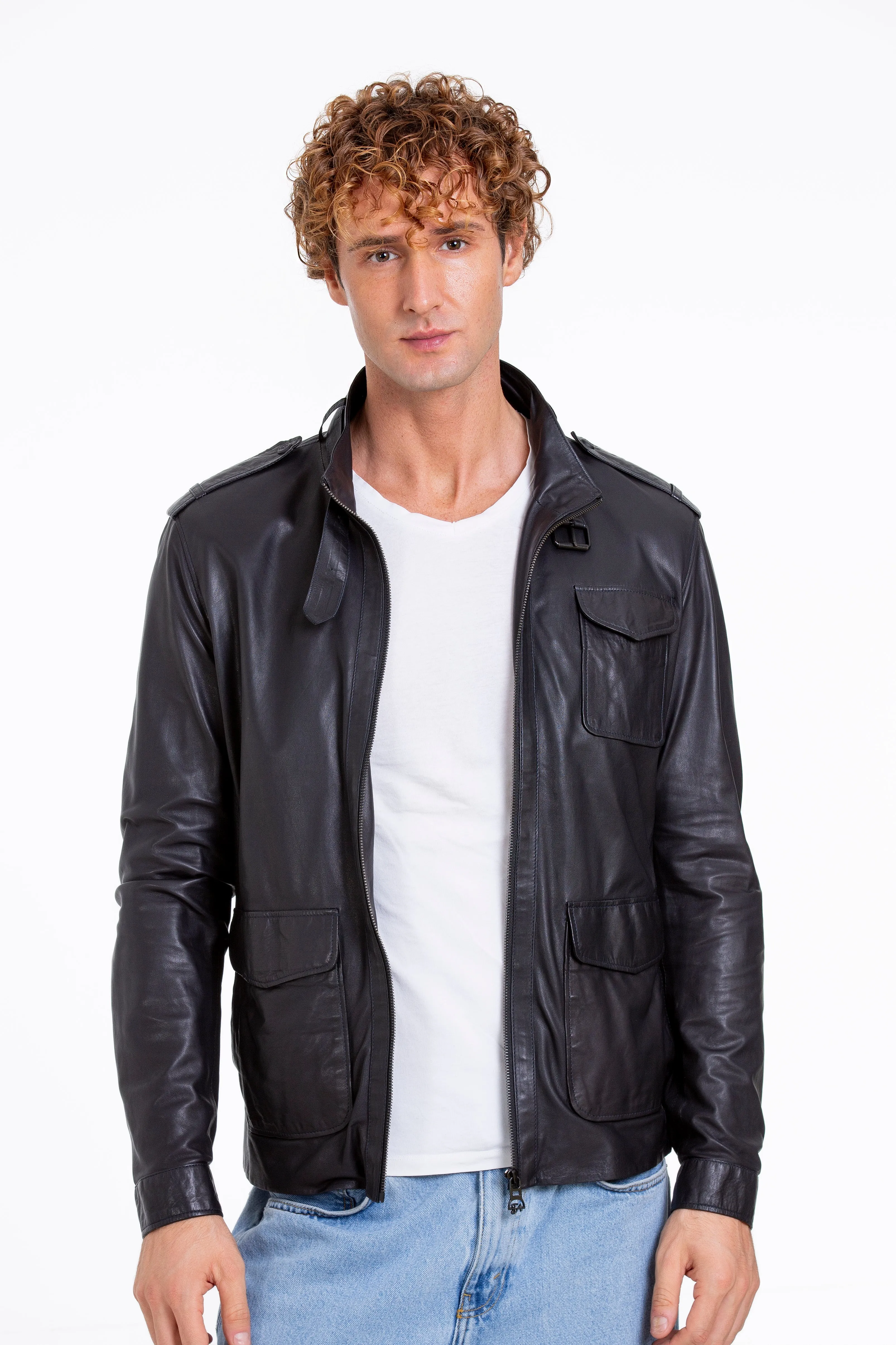 The Karabanchel Navy Blue Leather Men Jacket