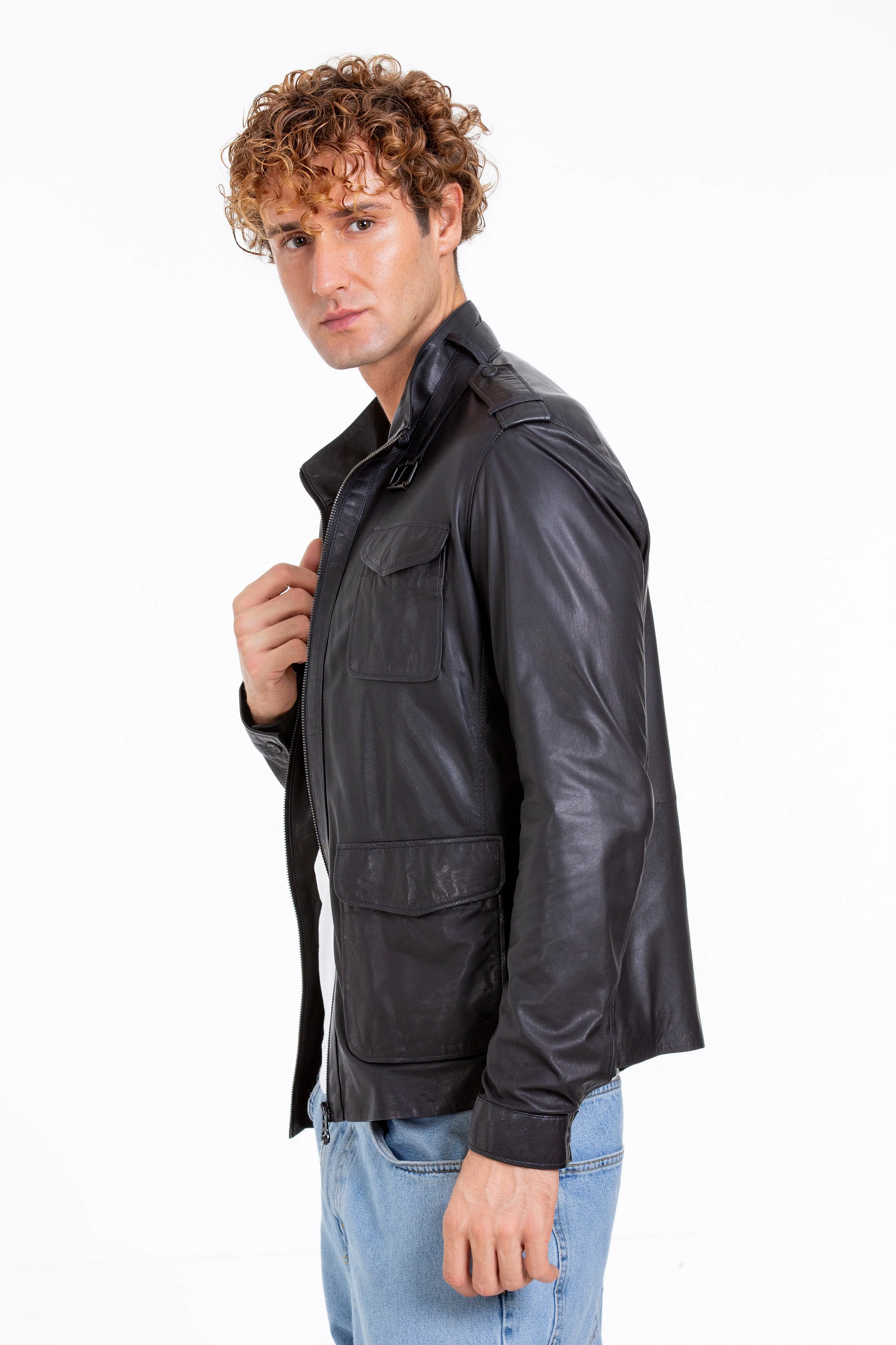 The Karabanchel Navy Blue Leather Men Jacket