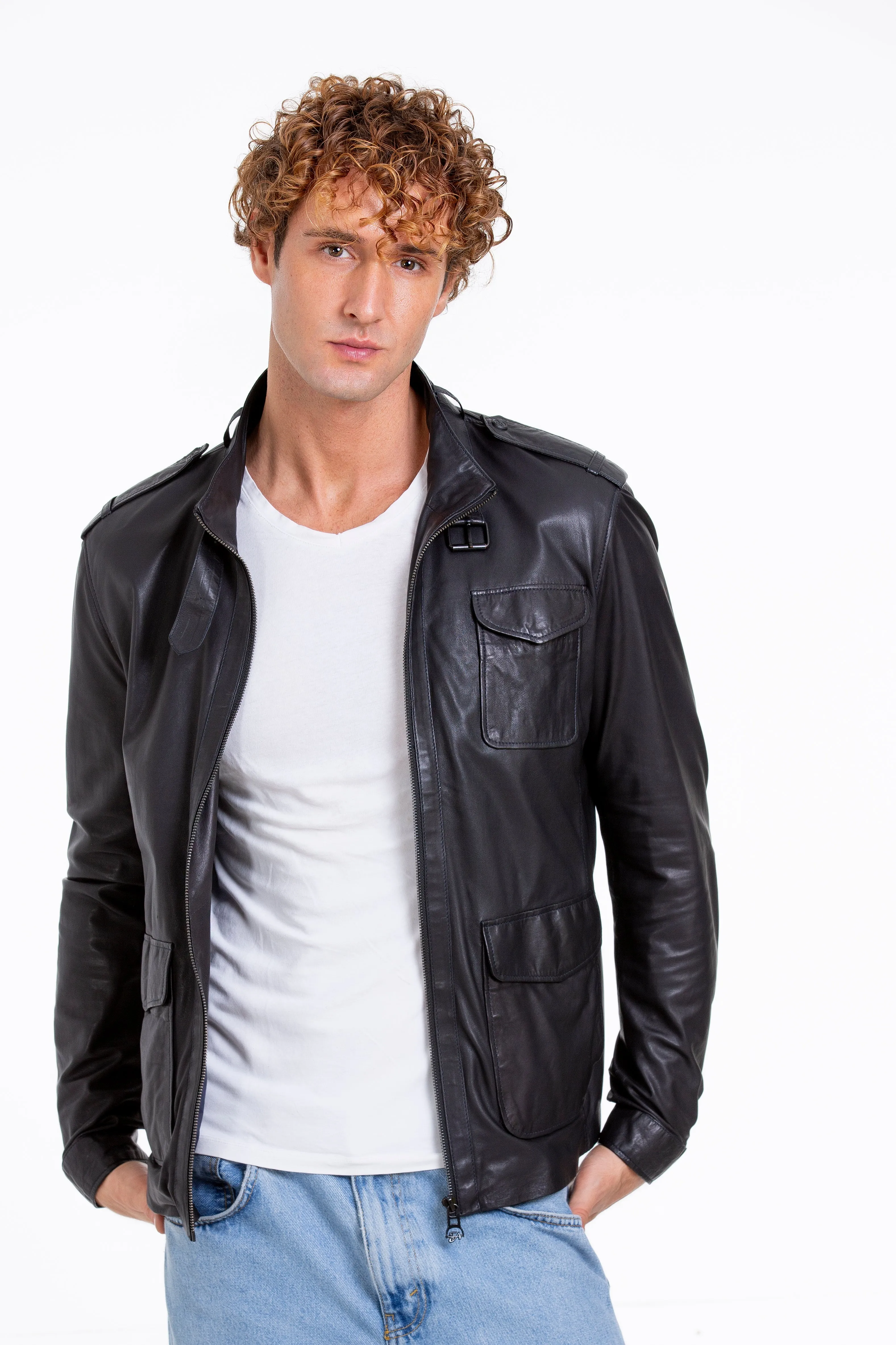 The Karabanchel Navy Blue Leather Men Jacket