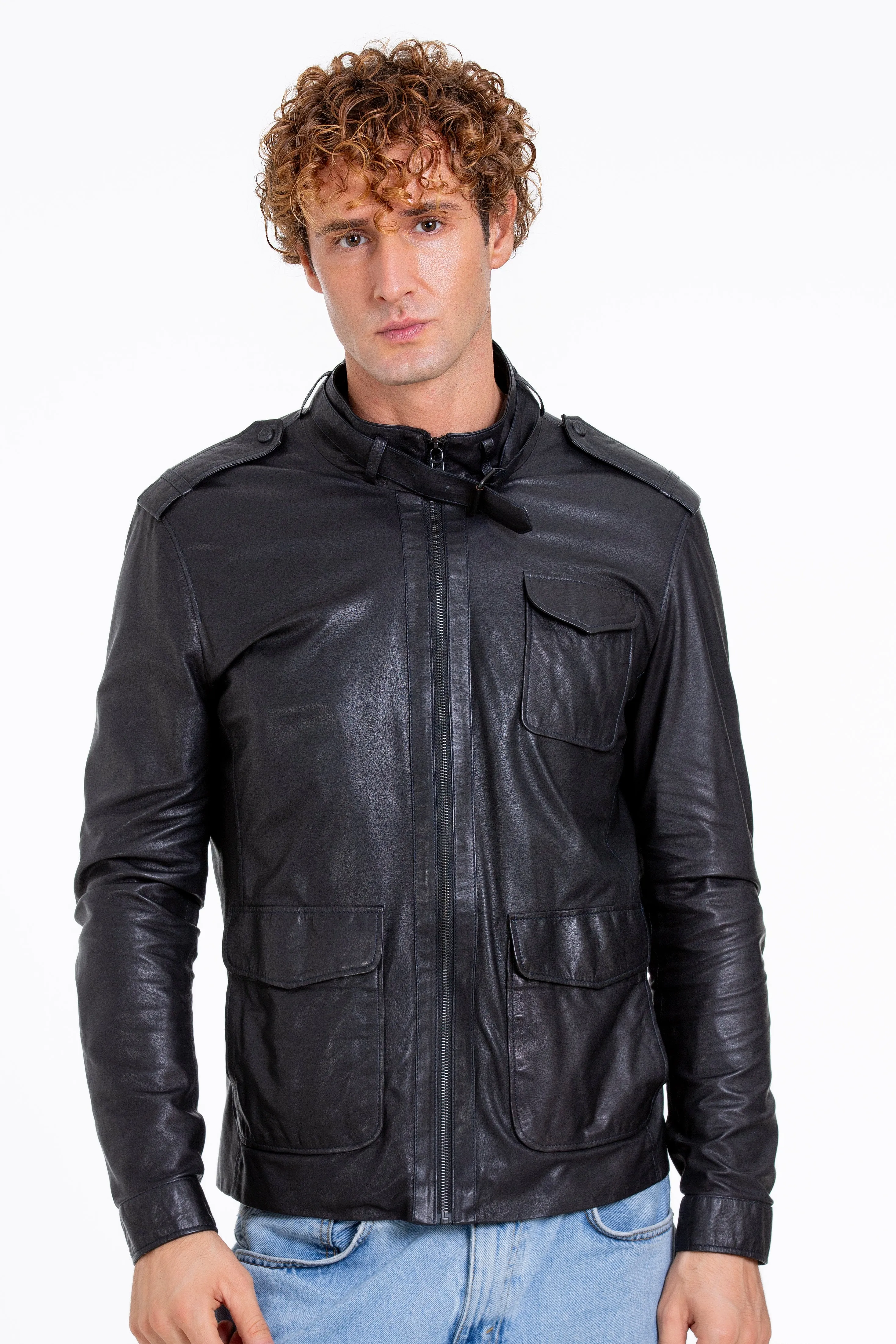 The Karabanchel Navy Blue Leather Men Jacket