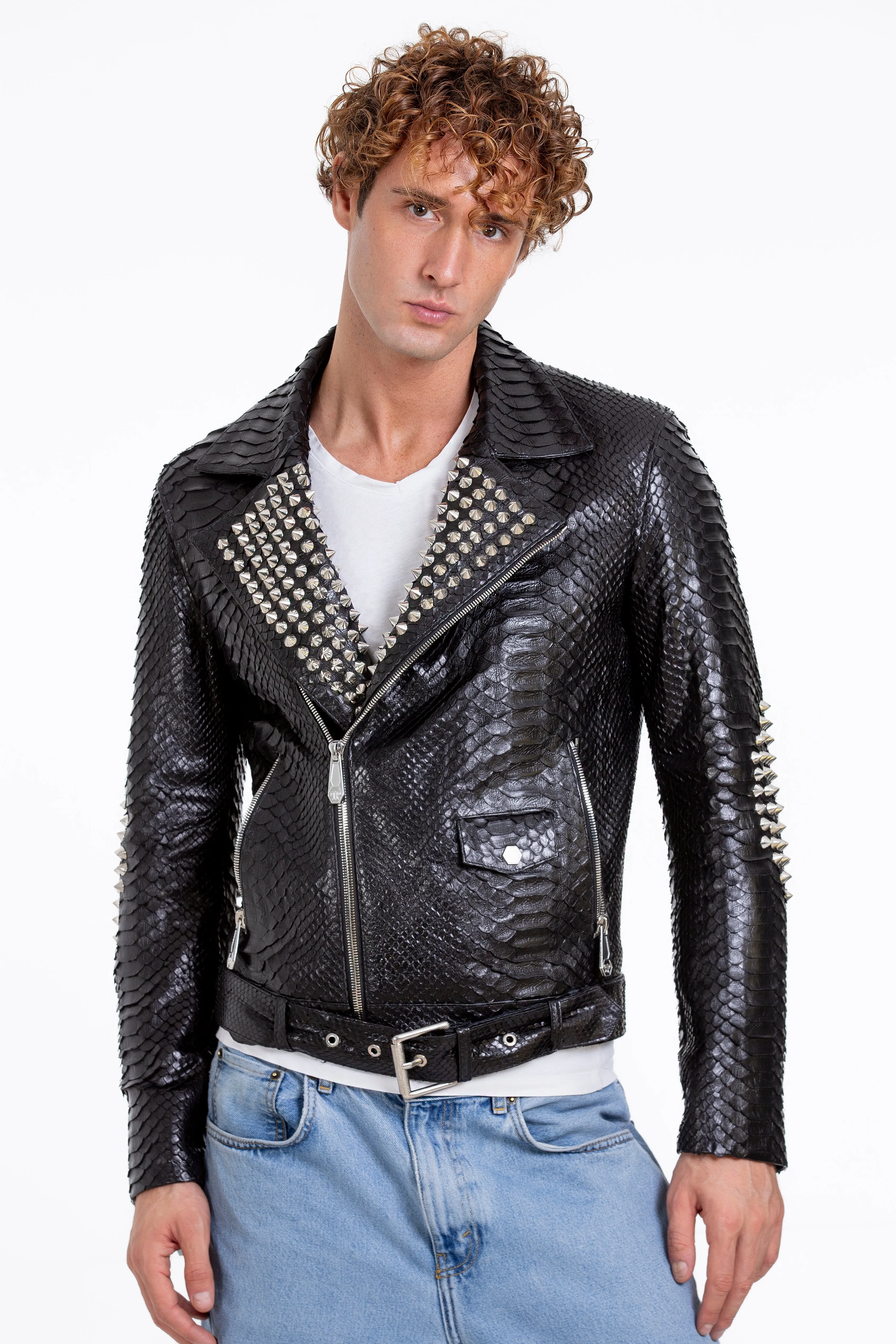 The Kopenhag Pythn Black Spike Leather Men  Jacket