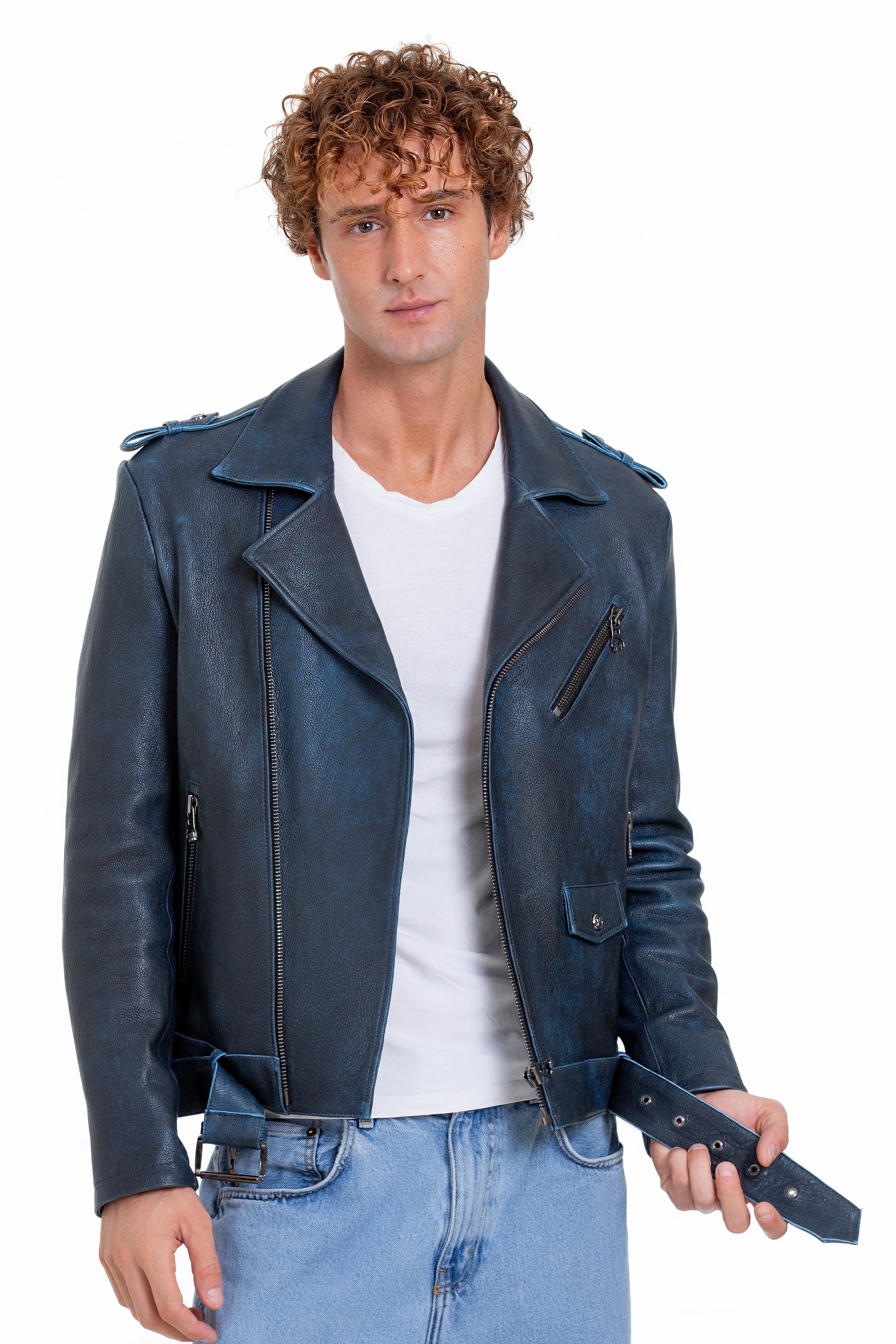 The Shanghai Blue Aged Leather Biker Men Jacket