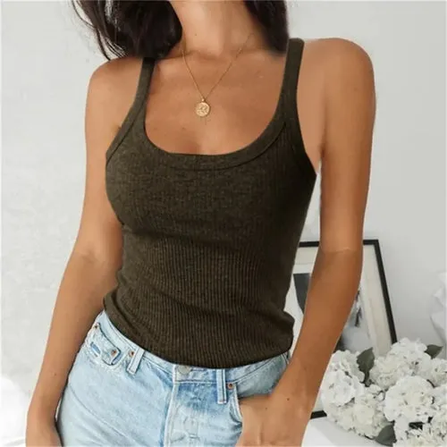 Top Women Off Shoulder Ribbed Black Sexy Tank Top O Neck Knit Tank Top