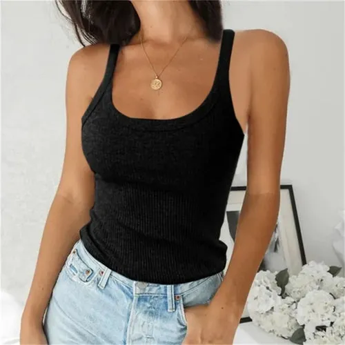 Top Women Off Shoulder Ribbed Black Sexy Tank Top O Neck Knit Tank Top