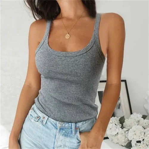 Top Women Off Shoulder Ribbed Black Sexy Tank Top O Neck Knit Tank Top