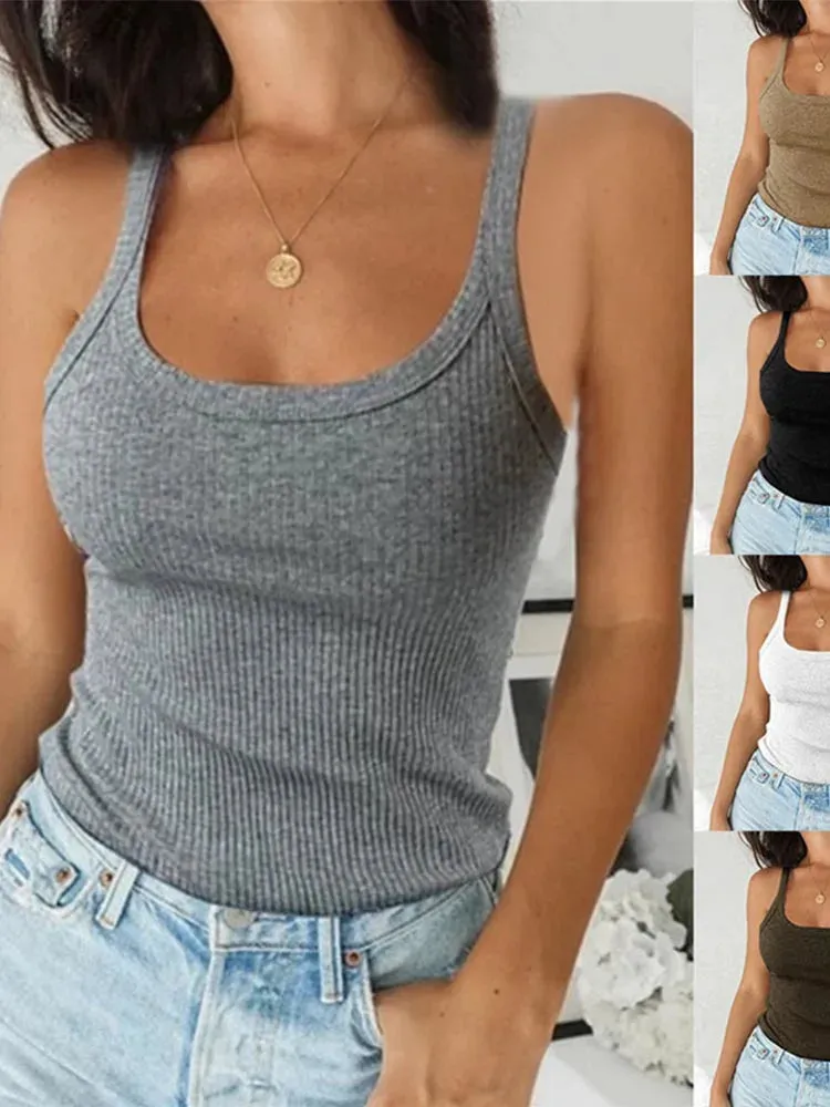 Top Women Off Shoulder Ribbed Black Sexy Tank Top O Neck Knit Tank Top