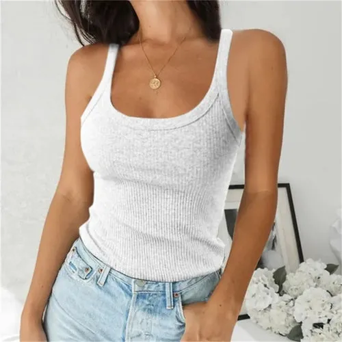 Top Women Off Shoulder Ribbed Black Sexy Tank Top O Neck Knit Tank Top