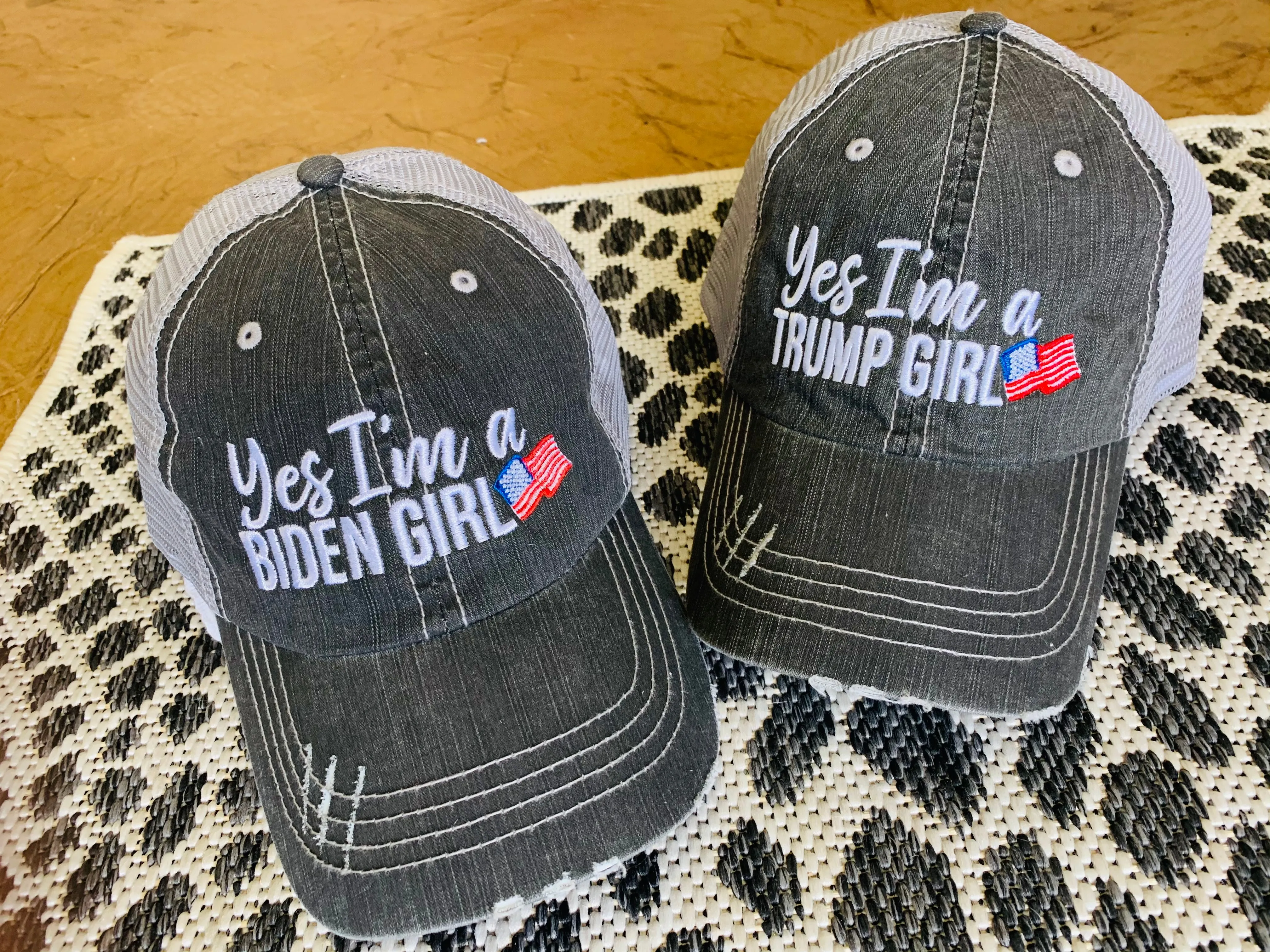 TRUMP hats Trump hair dont care YES I’m a Trump girl Yes American flag USA Embroidered unisex trucker caps mesh back adjustable womens mens Election Donald Trump