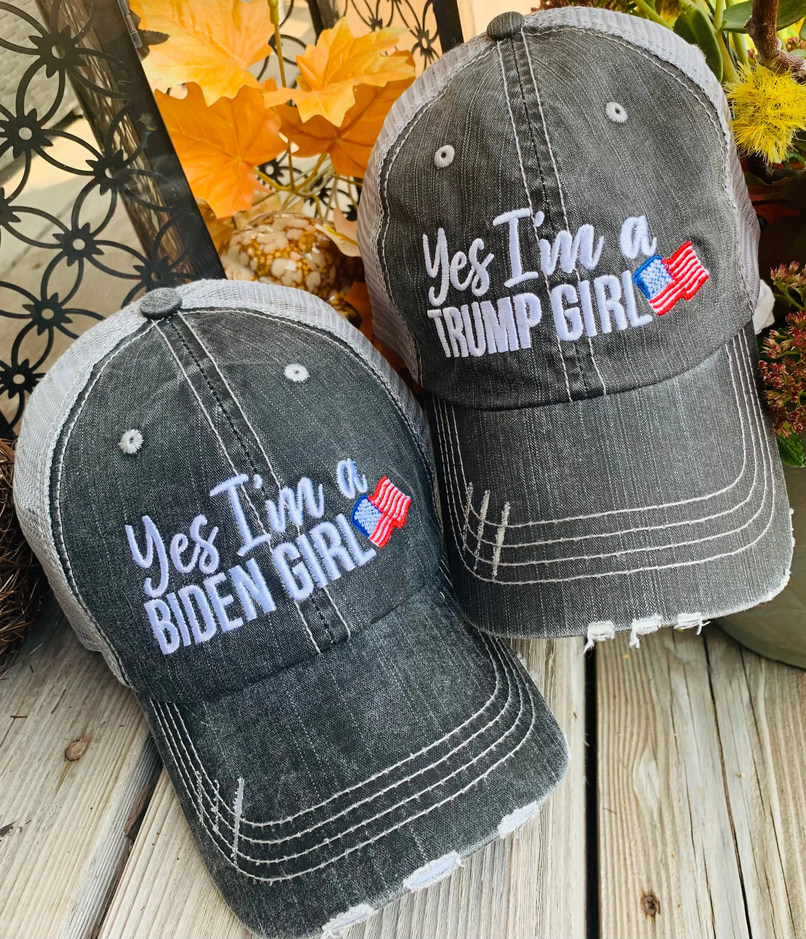 TRUMP hats Trump hair dont care YES I’m a Trump girl Yes American flag USA Embroidered unisex trucker caps mesh back adjustable womens mens Election Donald Trump