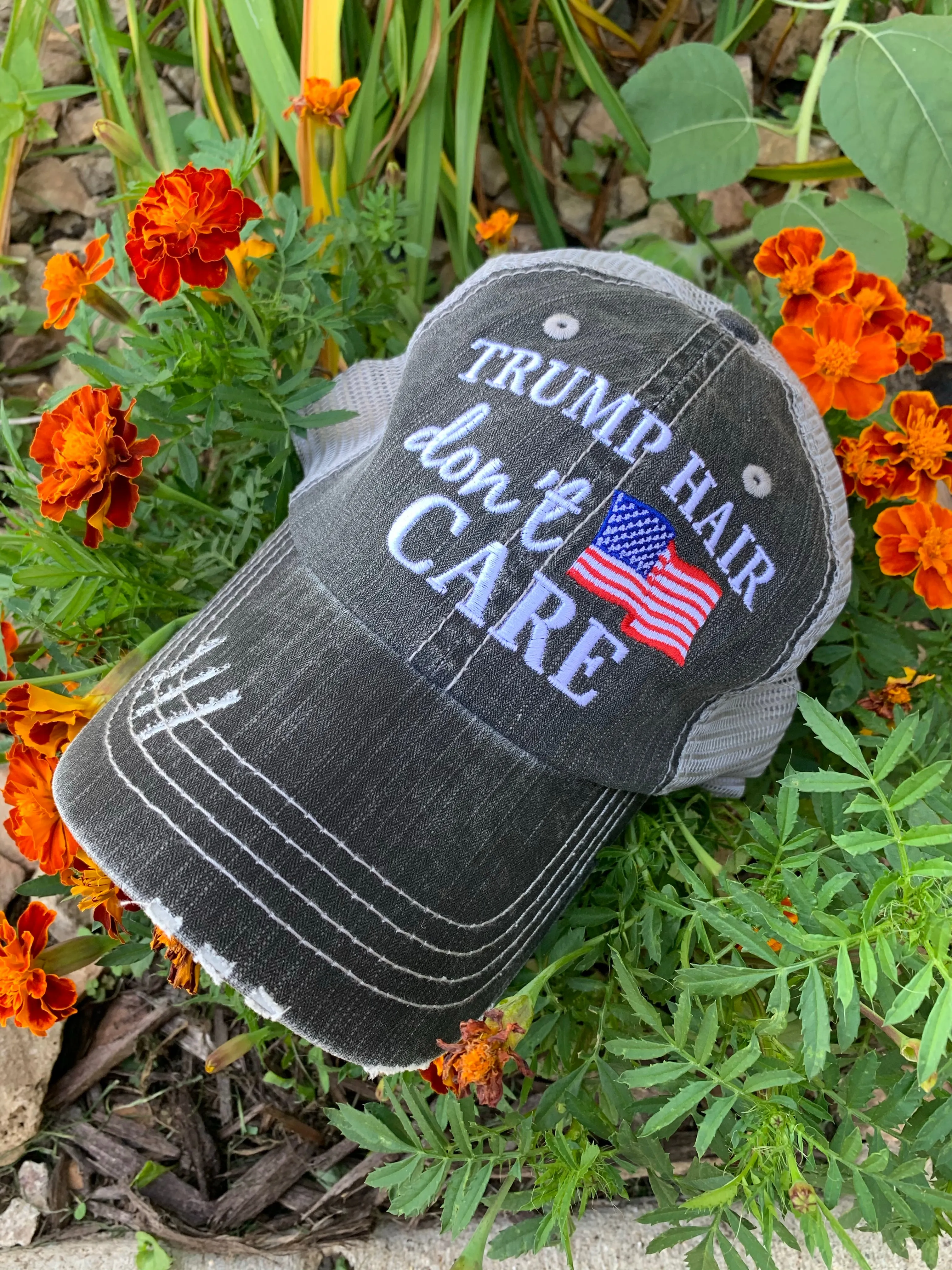 TRUMP hats Trump hair dont care YES I’m a Trump girl Yes American flag USA Embroidered unisex trucker caps mesh back adjustable womens mens Election Donald Trump