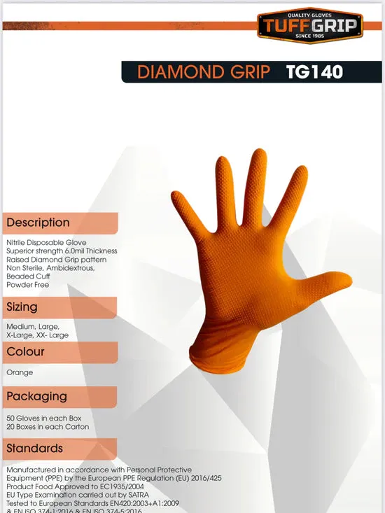 Tuffgrip 'Diamond Grip' Orange Nitrale Glove 50pk