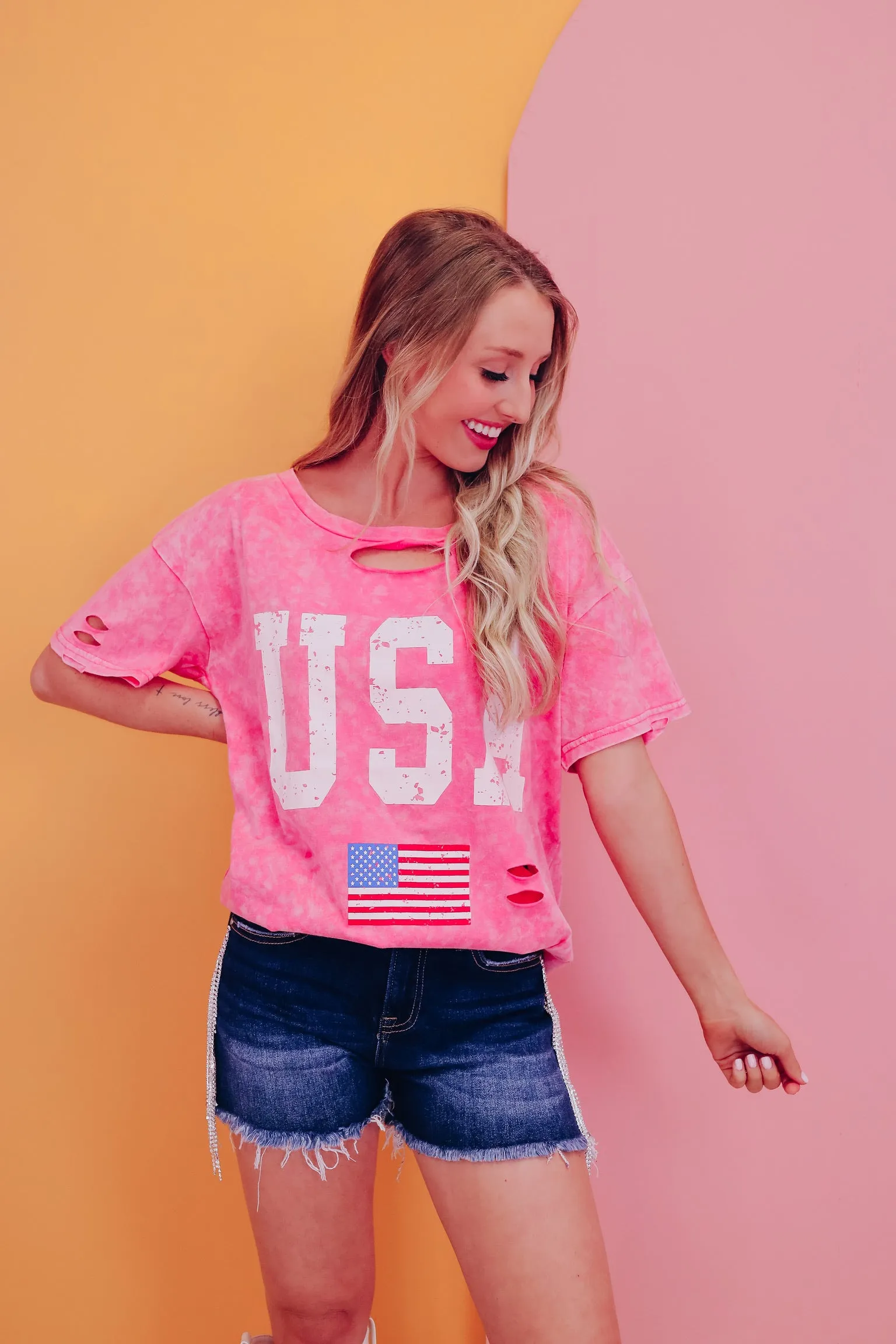 USA Mineral Wash Graphic Tee - Pink