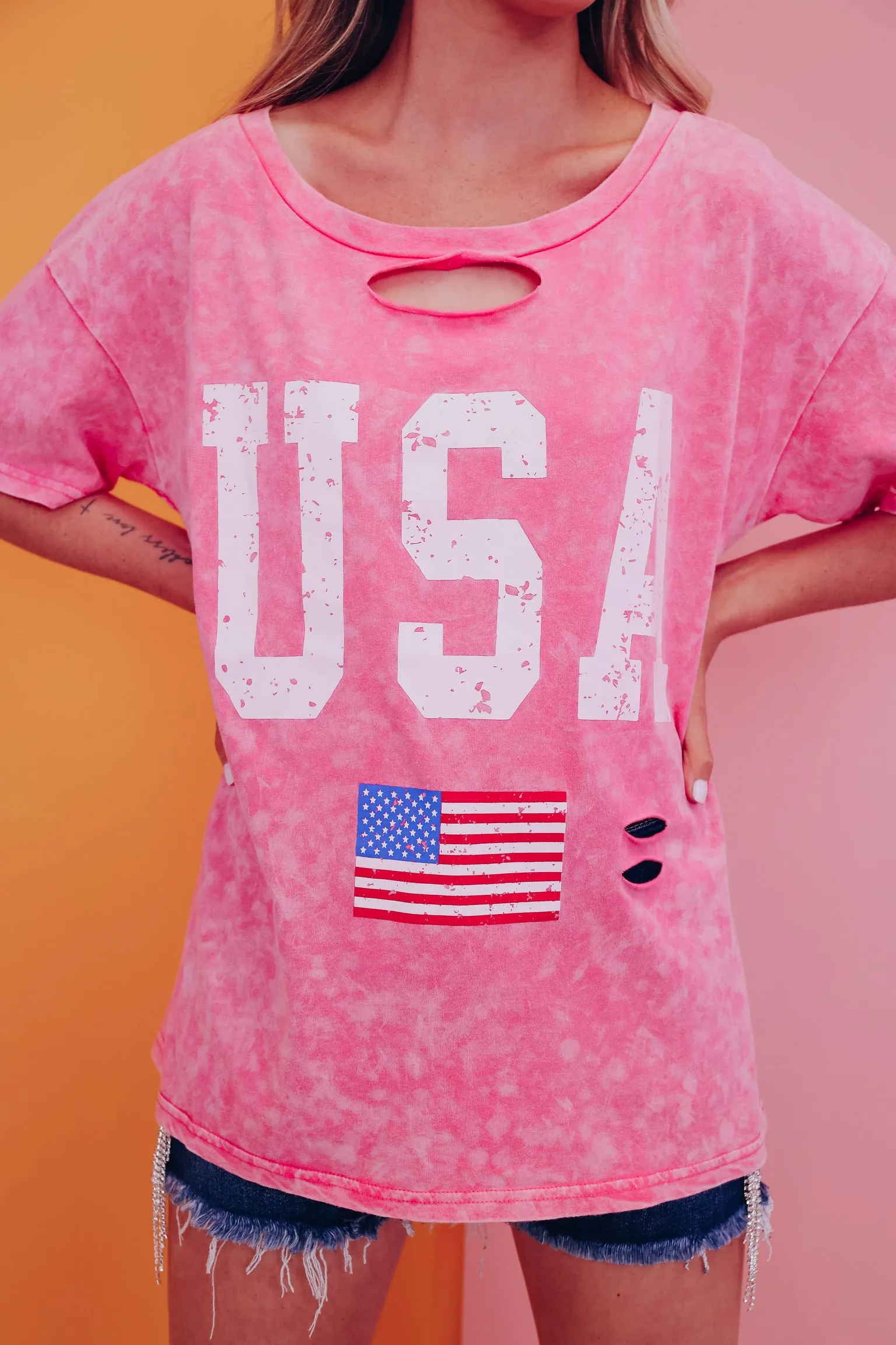 USA Mineral Wash Graphic Tee - Pink