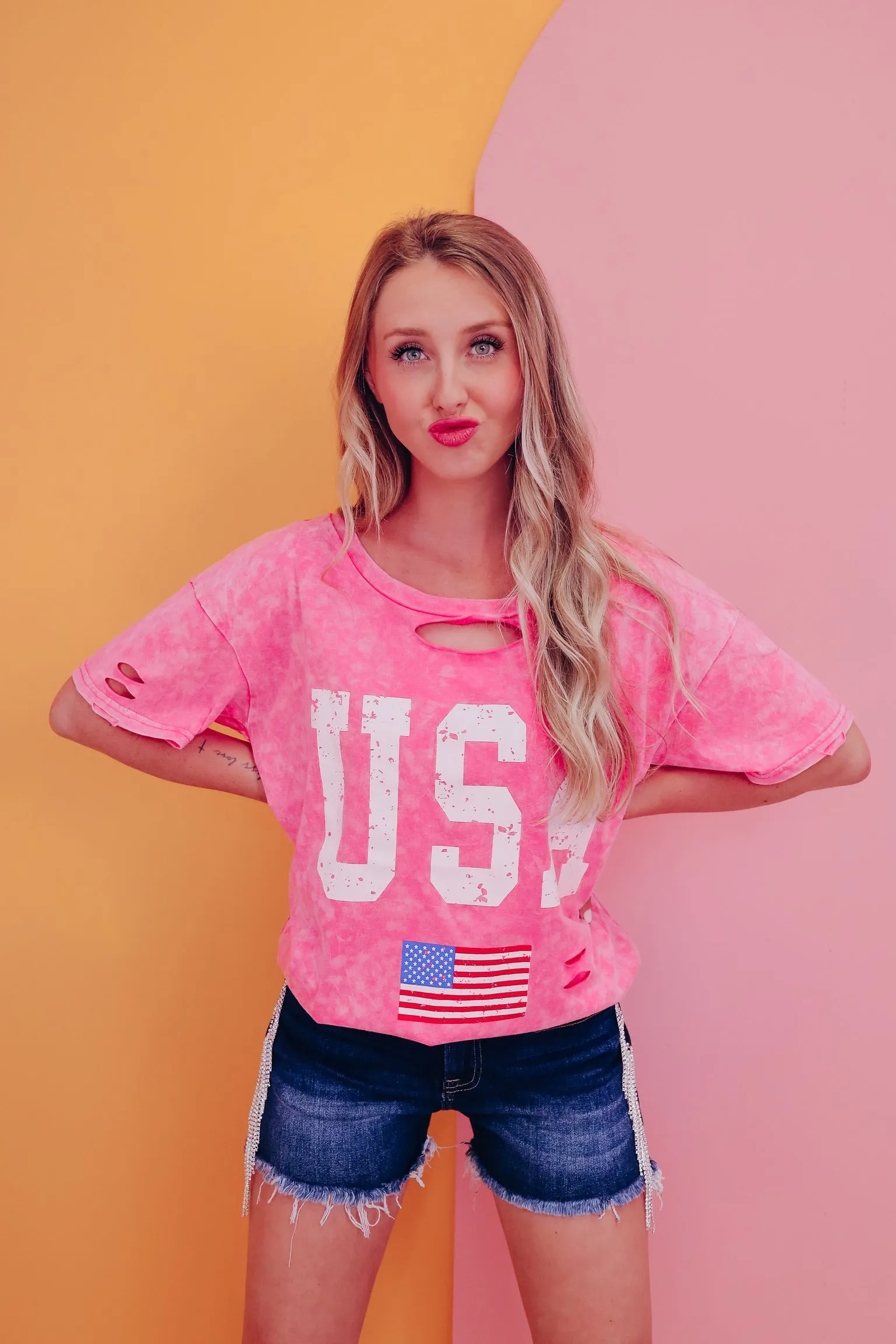 USA Mineral Wash Graphic Tee - Pink