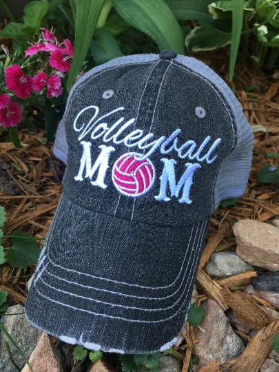 Volleyball hats and jewelry | Volleyball mom | Womens Embroidered distressed trucker caps | Personalize | Volleyball hair don’t care.