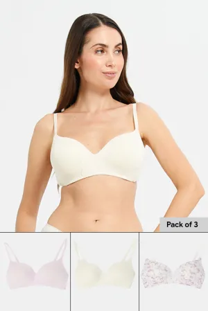 Women Ivory And Lilac Non Wired Bra Set (Pack of 3)